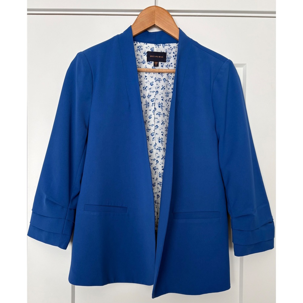 Skies Are Blue Ditsy Floral Lining Royal Blue Open Front Blazer Ruched Sleeve M